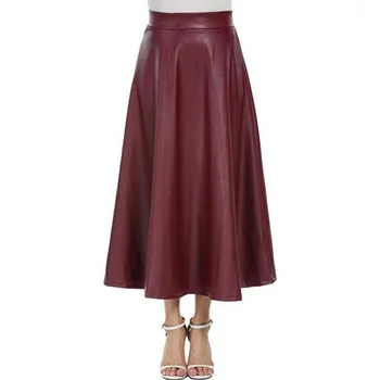 Svakodnevne suknje od umjetne kože Ženska kožna suknja s visokim strukom trapeznog oblika Crna Crvena 2021 Dugo jesensko-zimska suknja плиссированная Jupe Femininas